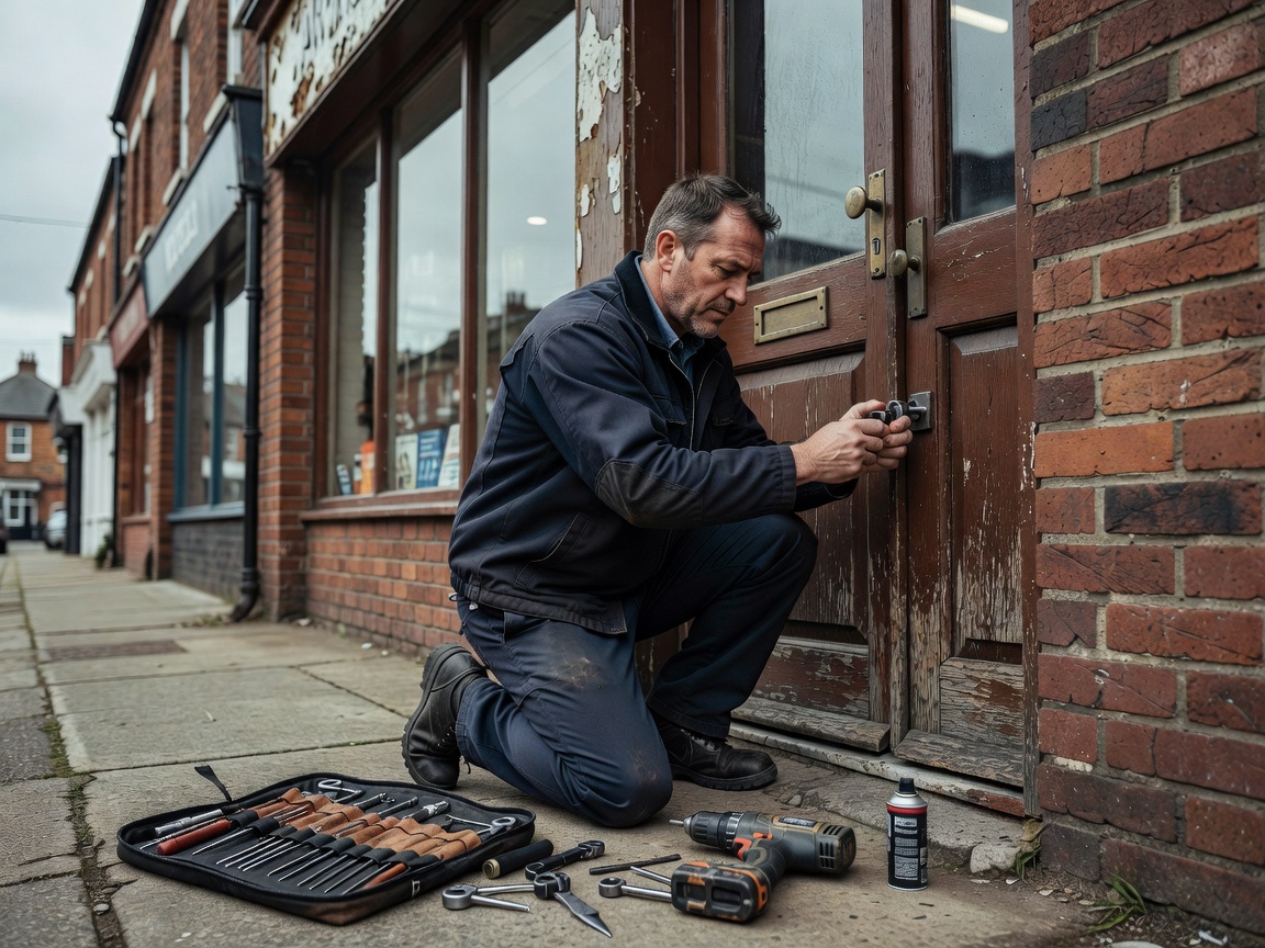 Professional locksmith working on a small retail premises door, believable UK architecture, normal camera perspective, realistic tools
