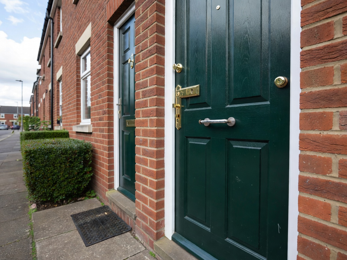 Completed locksmith installation on a normal UK semi-detached property entrance door, realistic hardware, wide environmental photograph, natural lighting