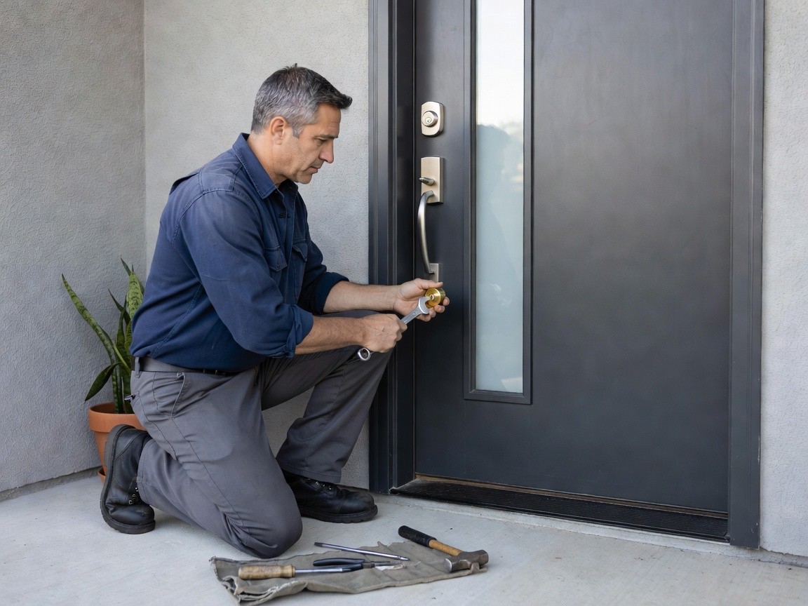 Locksmith fitting a normal cylinder lock into a modern residential front door using hand tools, realistic posture, wide environmental photograph, no bizarre close-ups