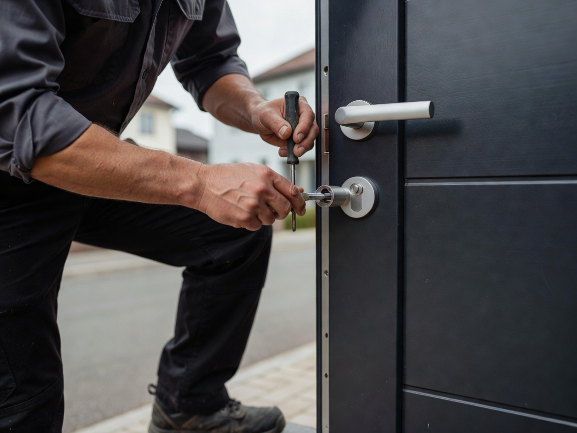 Realistic professional installation, locksmith fitting a normal cylinder lock into a modern residential front door using appropriate hand tools naturally, 35mm photographic appearance, no distorted metal