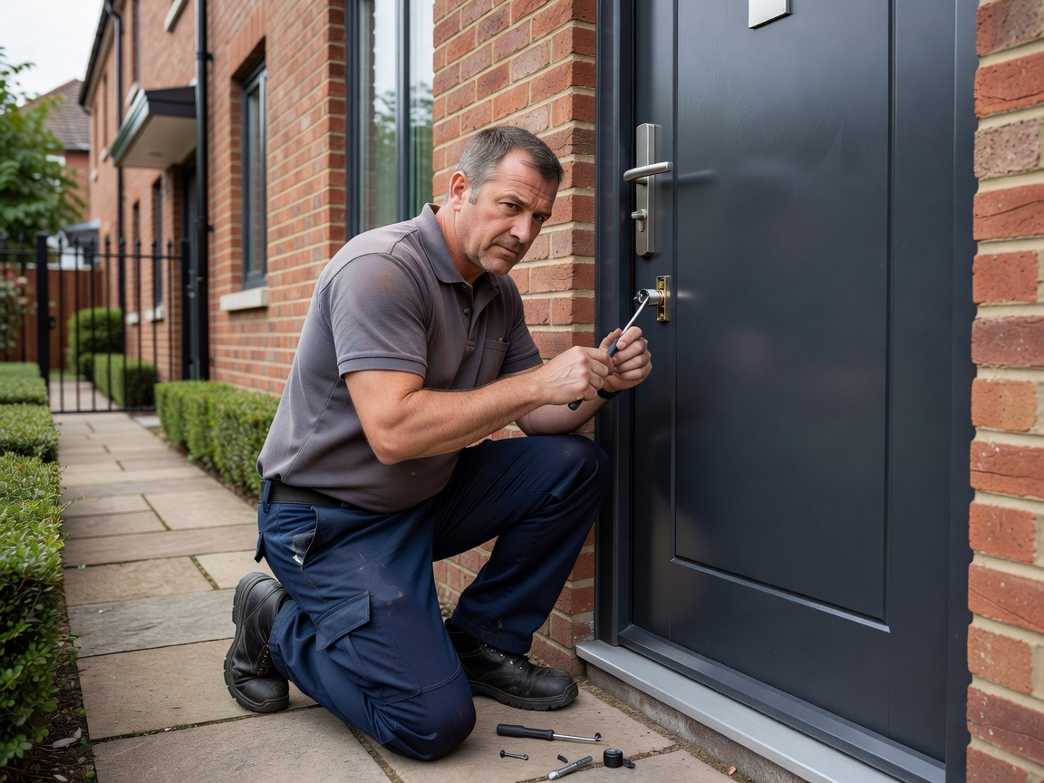 Realistic professional locksmith kneeling beside a modern UK front door using a screwdriver to work on a standard euro-cylinder lock, normal hands, realistic proportions, wide environmental shot