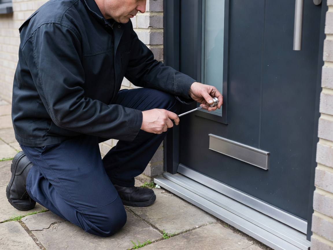 Professional locksmith kneeling beside a modern UK front door using a screwdriver to work on a standard lock, realistic hands, environmental photograph, natural daylight, no macro lock shots