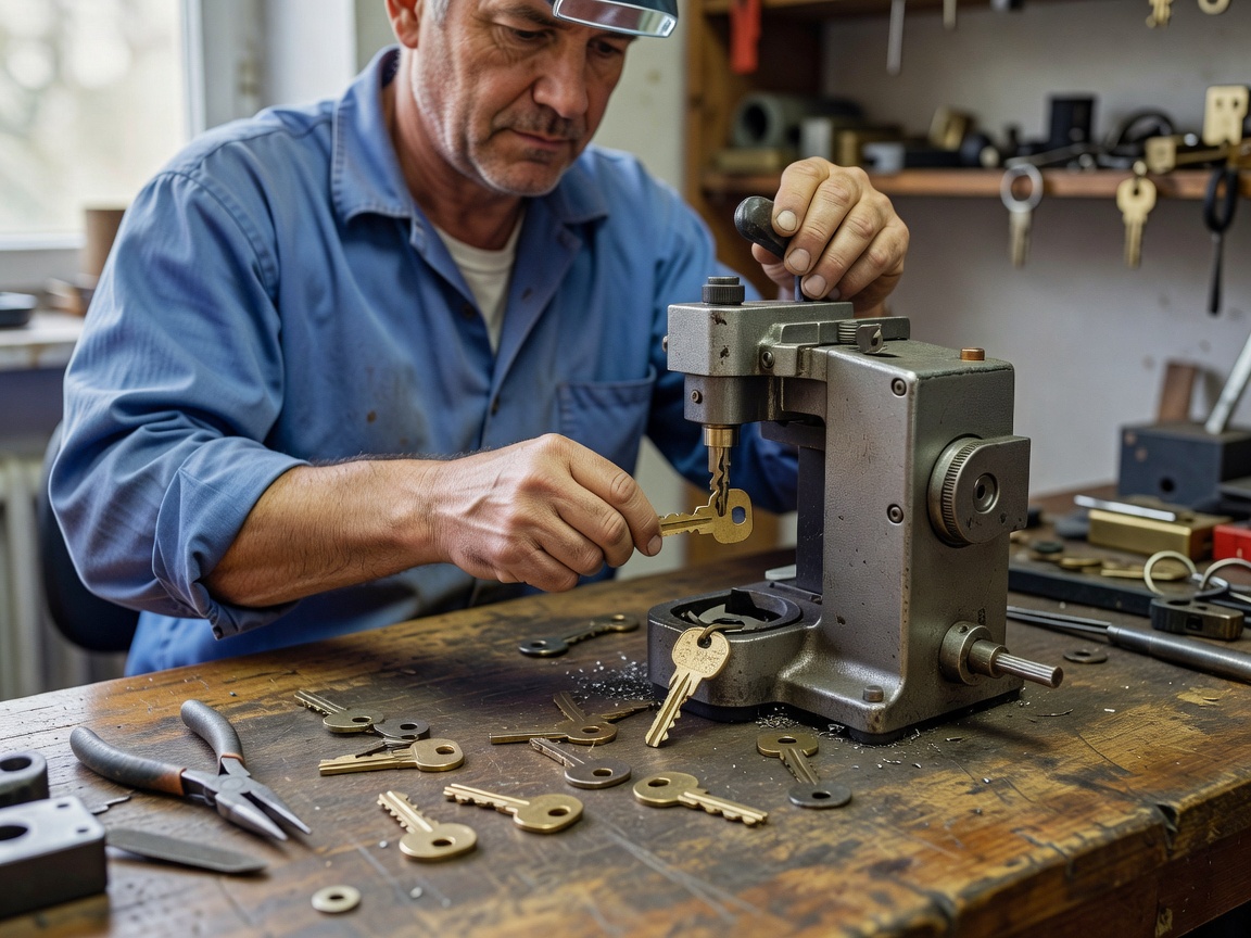 Realistic locksmith technician working at a normal workbench with a professional key-cutting machine and ordinary keys, natural lighting, realistic equipment, no distorted metal or melted keys