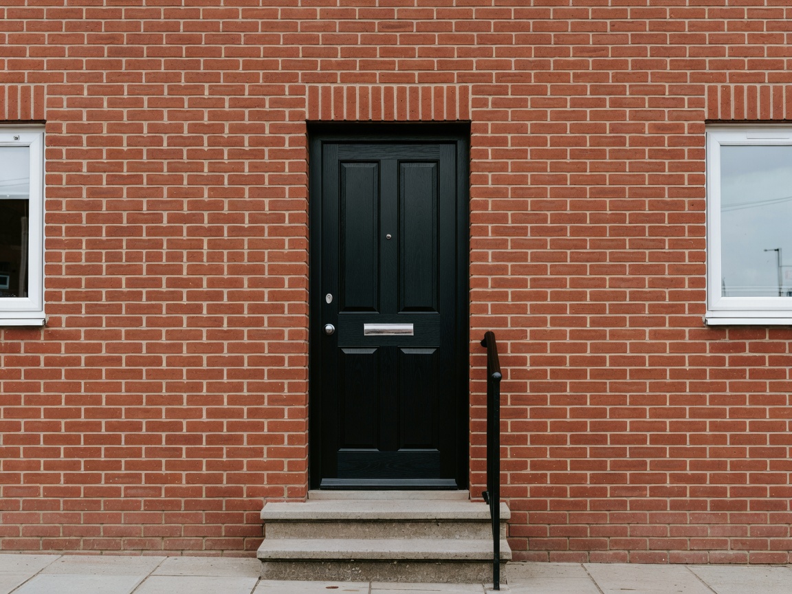 Normal UK brick townhouse with a realistic front door and ordinary hardware, environmental photograph, natural daylight, no giant hardware