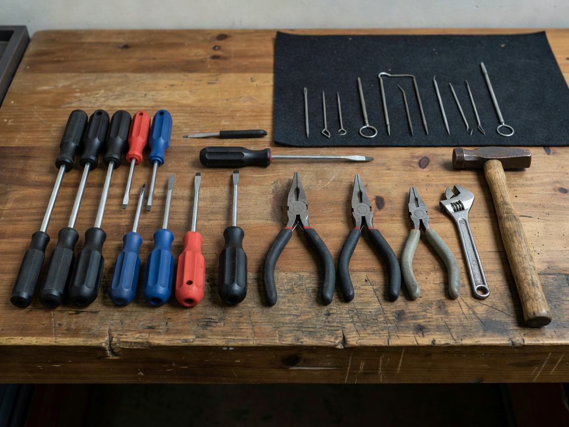 Ordinary professional locksmith tools including screwdrivers and pliers neatly arranged on a workbench, realistic proportions, no floating objects