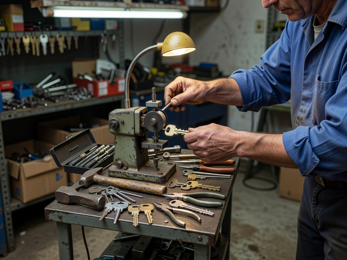 Technician working at a small locksmith workbench with a normal key-cutting machine, realistic indoor workshop lighting, ordinary professional tools, realistic hands